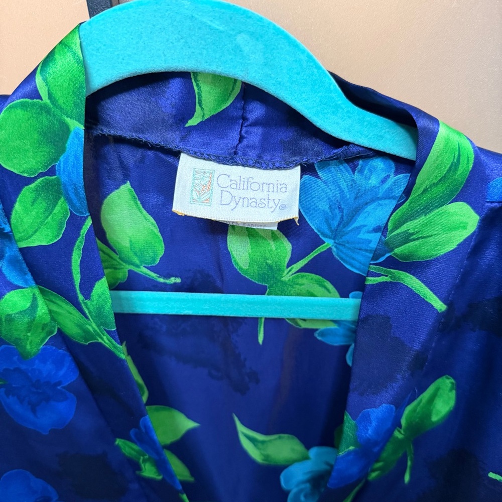 California Dynasty Vintage 80s Satin Floral Kimono Robe Navy Blue Green Sz L - Picture 5 of 8